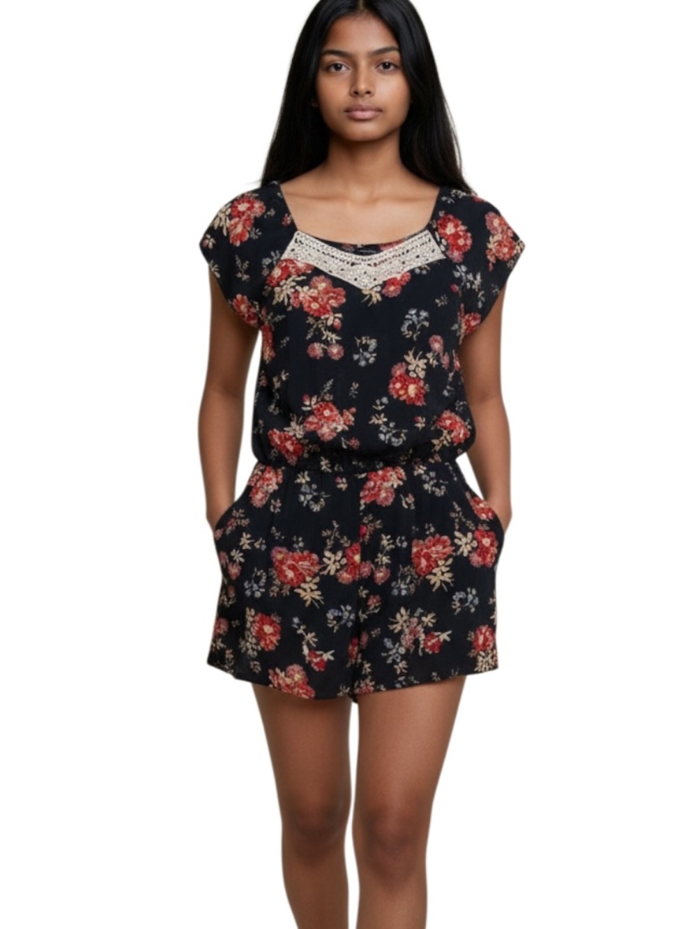 art class Black Floral Lace-Trim One-Piece Romper